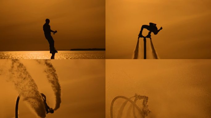 日落时的史诗场景。在夕阳和天空的映衬下，一只滑板机的剪影。运动员在空中翻筋斗