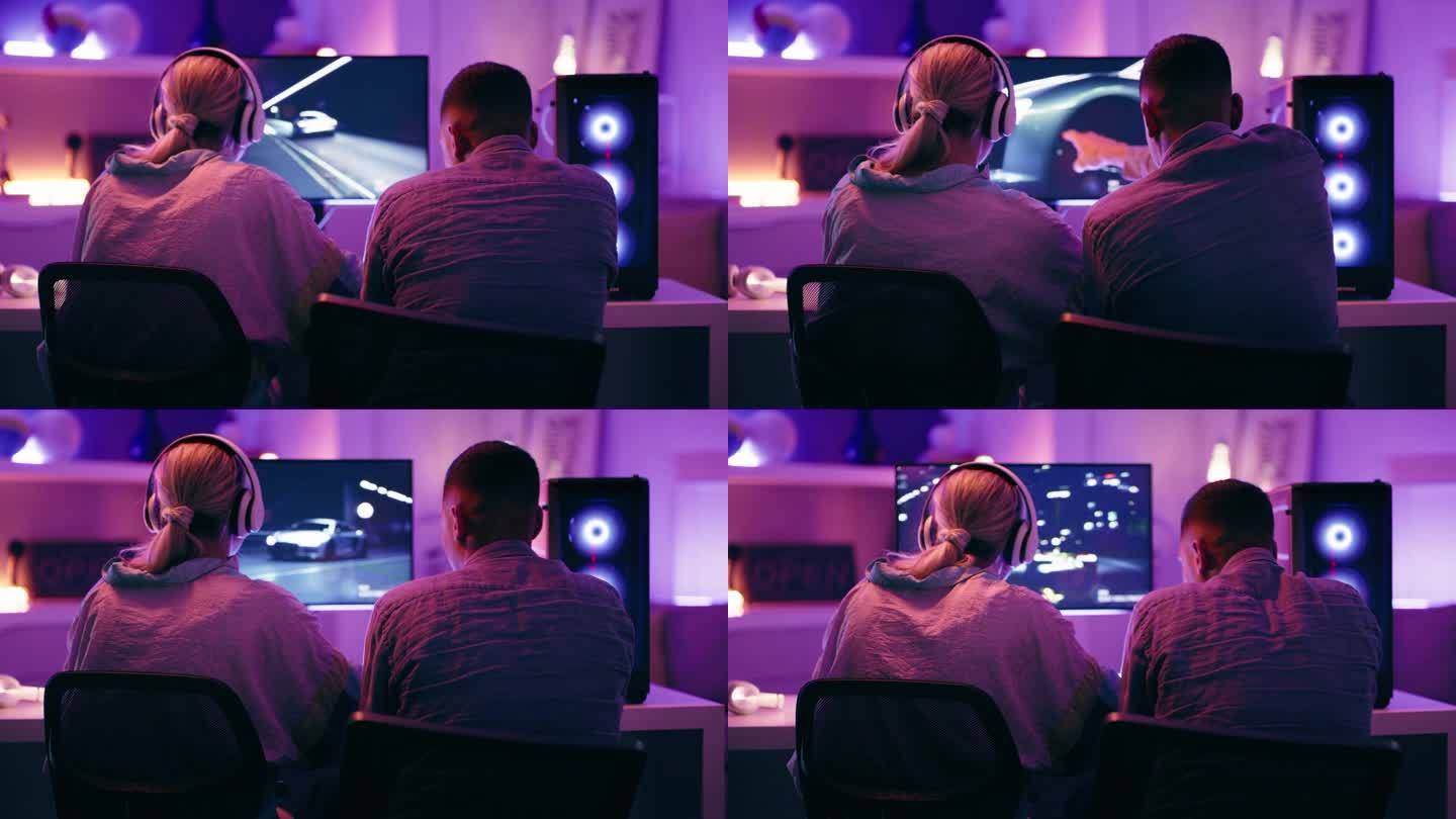 电脑游戏玩家，背对或玩电子游戏的夫妇在黑暗的房间里一起玩街机比赛。流媒体、互联网或人们直播有趣的在线