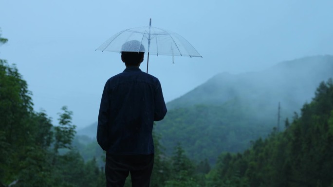 男人在雨天打着透明的伞看山