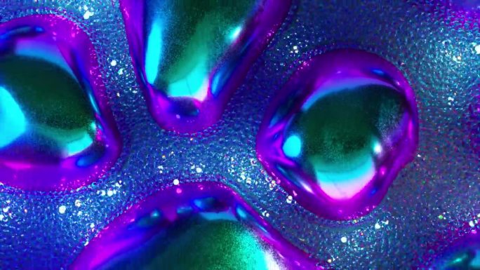 钻石发光的气泡流。有色金属物品。蓝紫色霓虹色。缓慢的运动。镜面。