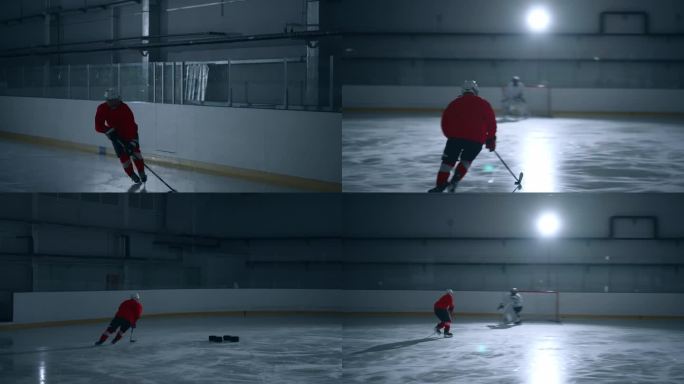 专家曲棍球运动员在红色球衣展示了令人印象深刻的技术和速度在冰上，躲避障碍和得分