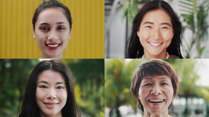 快乐的亚洲人看着镜头近距离的肖像。中国或日本本土女性在拼贴画面中摆姿势的鲜明多样性。亚洲家庭乐观面孔