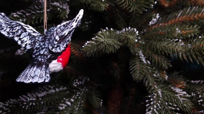 玩具红腹灰雀在圣诞树上运动