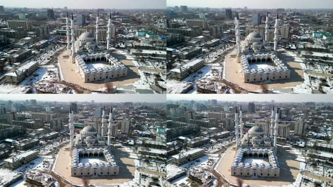 伊玛目萨拉赫西比什凯克中央清真寺，无人机在旁边盘旋