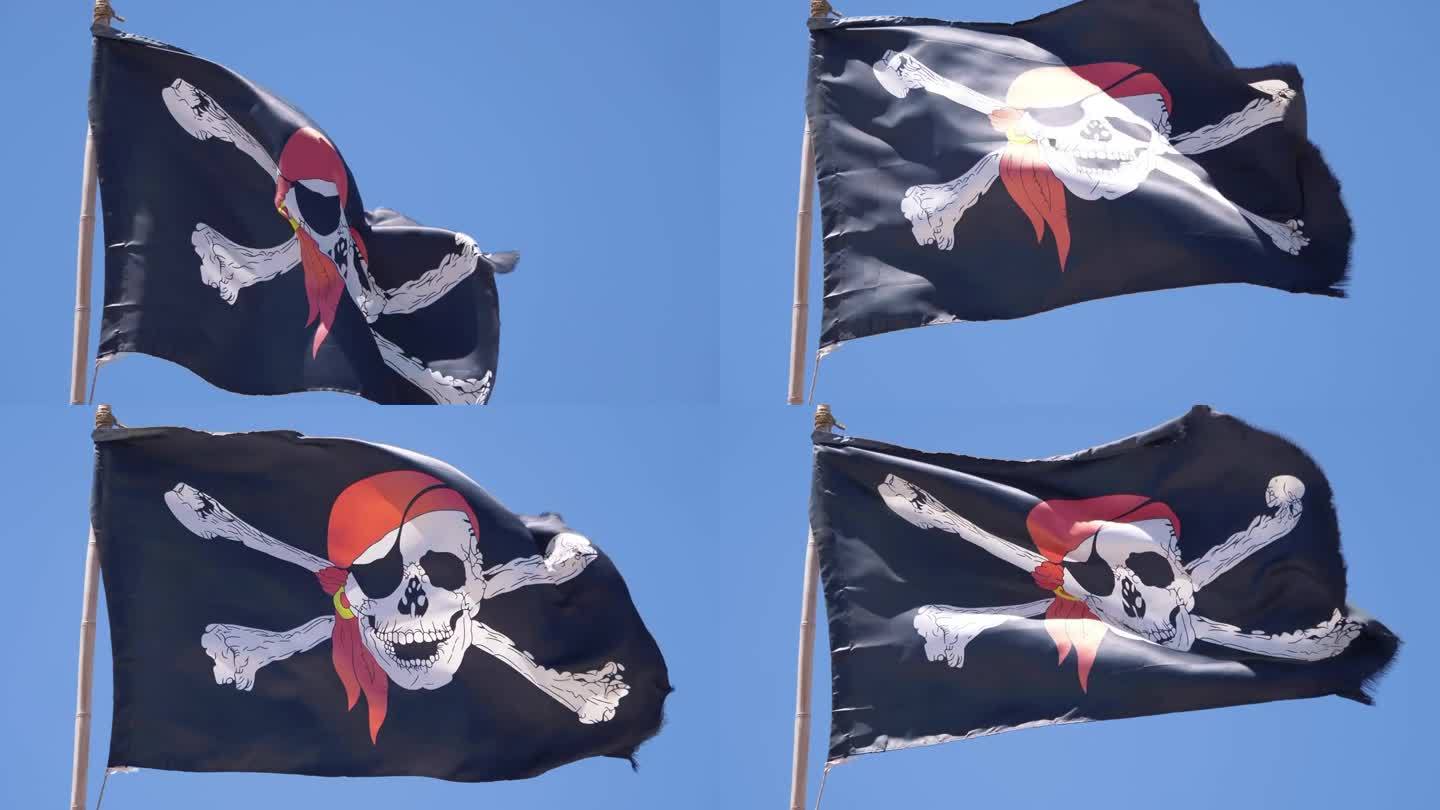 醒目的黑色海盗旗，装饰着传统的骷髅和交叉骨，4k慢动作60fps