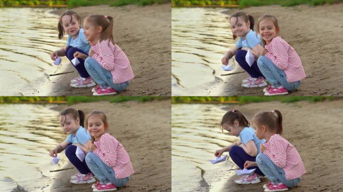 孩子们在夏日公园的河上玩纸船，在夕阳下欢笑