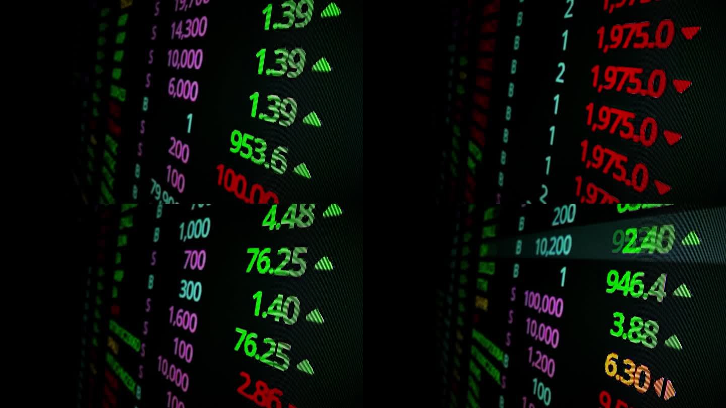 股票板上微距镜头移动LED屏显示股票交易行情