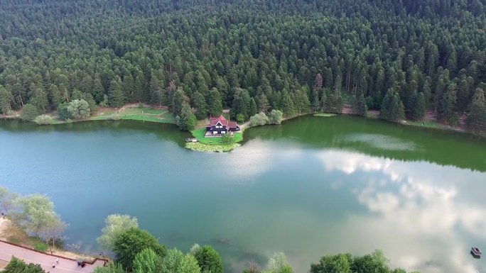 鸟瞰图，湖边森林里平静的湖边有一座美丽的房子