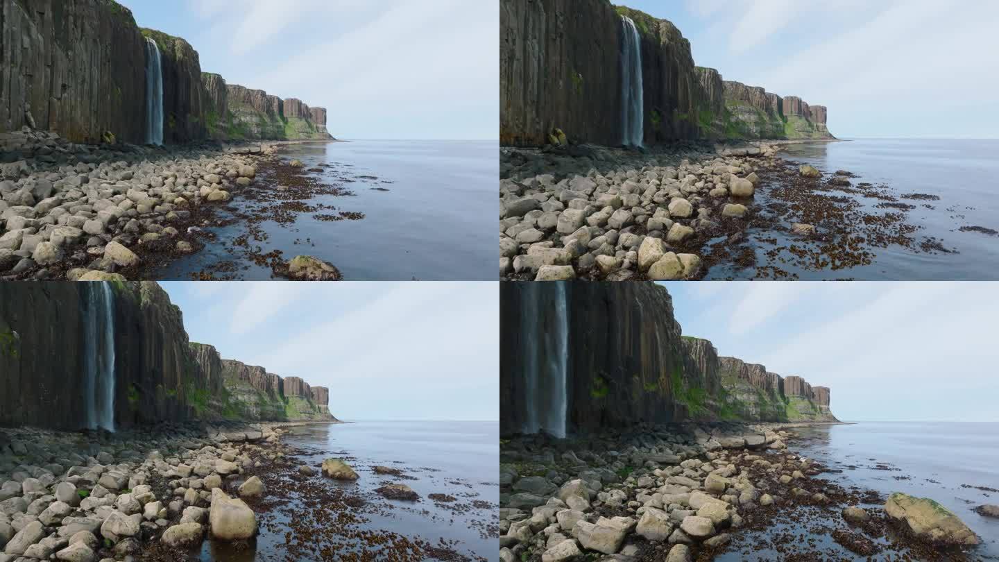 无人机拍摄的苏格兰斯凯岛基尔特岩和麦特瀑布