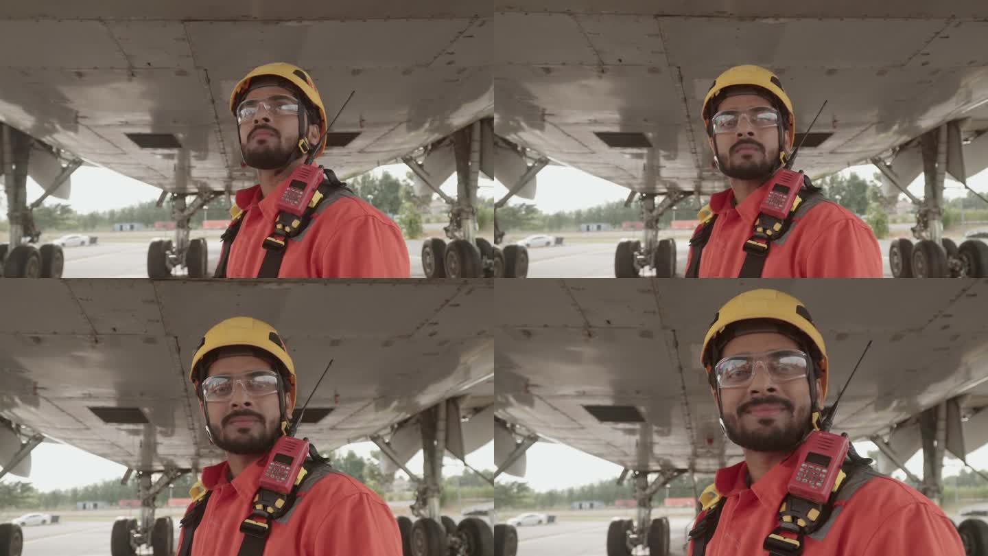 一名男工程师在飞机上维修飞机，看着镜头。