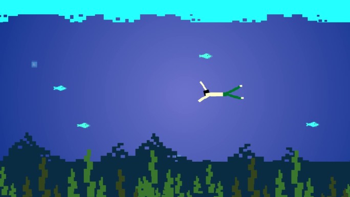 一个人与鱼游泳的8位风格的动画，老游戏，像素艺术。