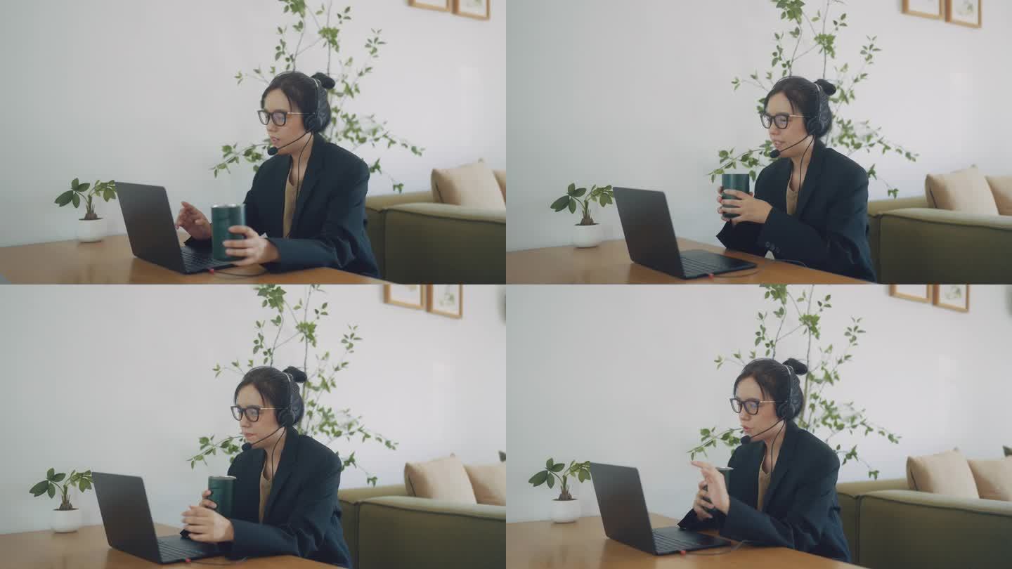 亚洲自由职业者的肖像聪明的商务女性休闲装使用笔记本电脑在工作场所在家里的客厅工作。快乐的年轻亚洲女孩