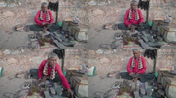 印度路边修鞋匠，斋浦尔市，拉贾斯坦邦