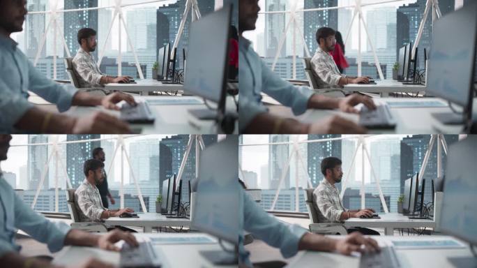 一位年轻的印度商业客户经理在现代公司办公室的台式电脑上工作的肖像。经理处理财务报告，为公司准备发展计