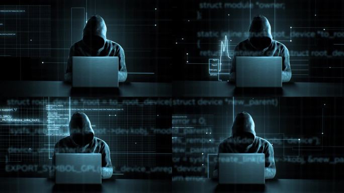 黑客在黑暗的抽象房间里工作笔记本电脑键盘输入数字虚拟脚本文本和数字飞行。匿名男子无脸黑客系统。黑客攻