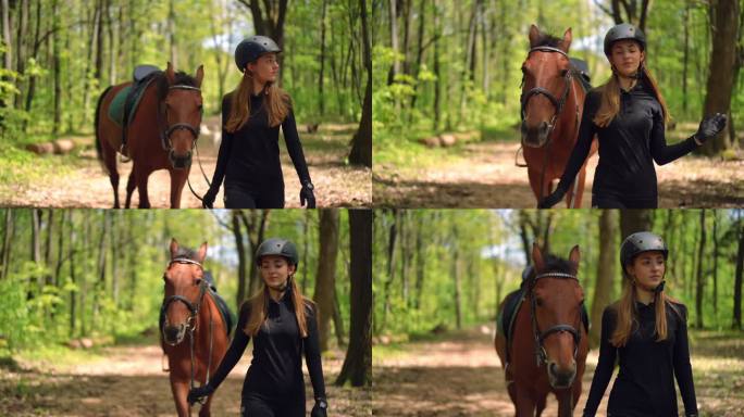 多莉拍摄的迷人苗条的女人在阳光明媚的森林里与马散步，并以慢动作离开。肖像微笑美丽的高加索骑手牵着缰绳