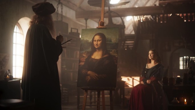 天才列奥纳多·达·芬奇在他的艺术工作室里画他的缪斯和创作他的杰作《蒙娜丽莎》的历史时刻的再现。纯粹的