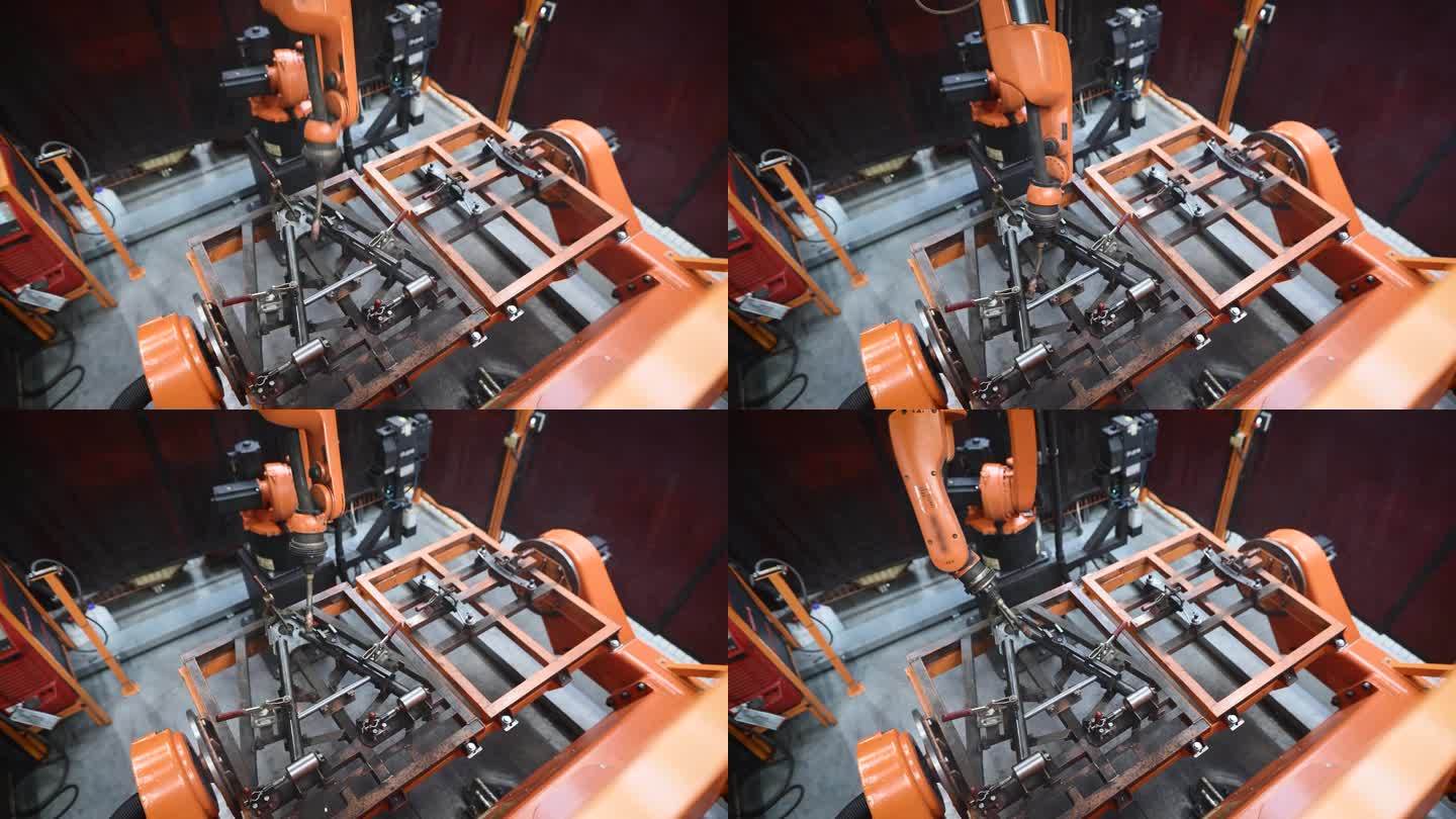 高科技制造工厂的自动化焊接机。一个精密的机械臂在钢部件上进行焊接。这台尖端设备展示了先进的技术