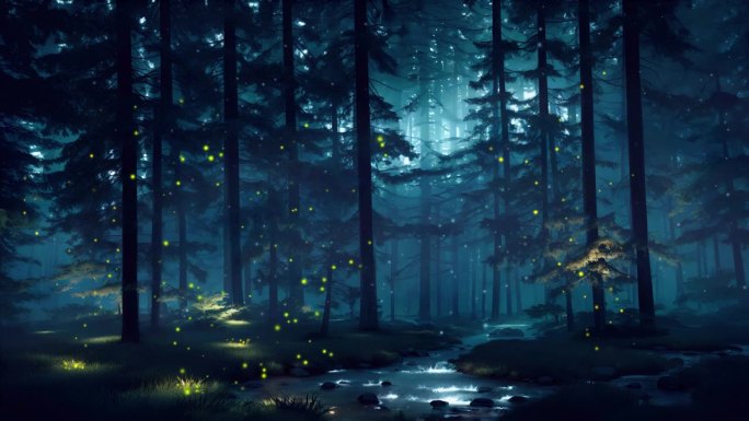 雾蒙蒙的夜晚，森林小溪上的魔法灯