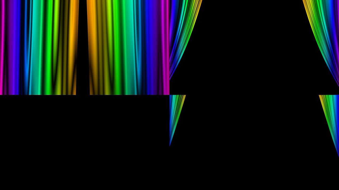 动画素材(透明背景)带有alpha通道的MOV，带有彩虹色(7色)绸缎状的舞台窗帘，可以向左和向右打