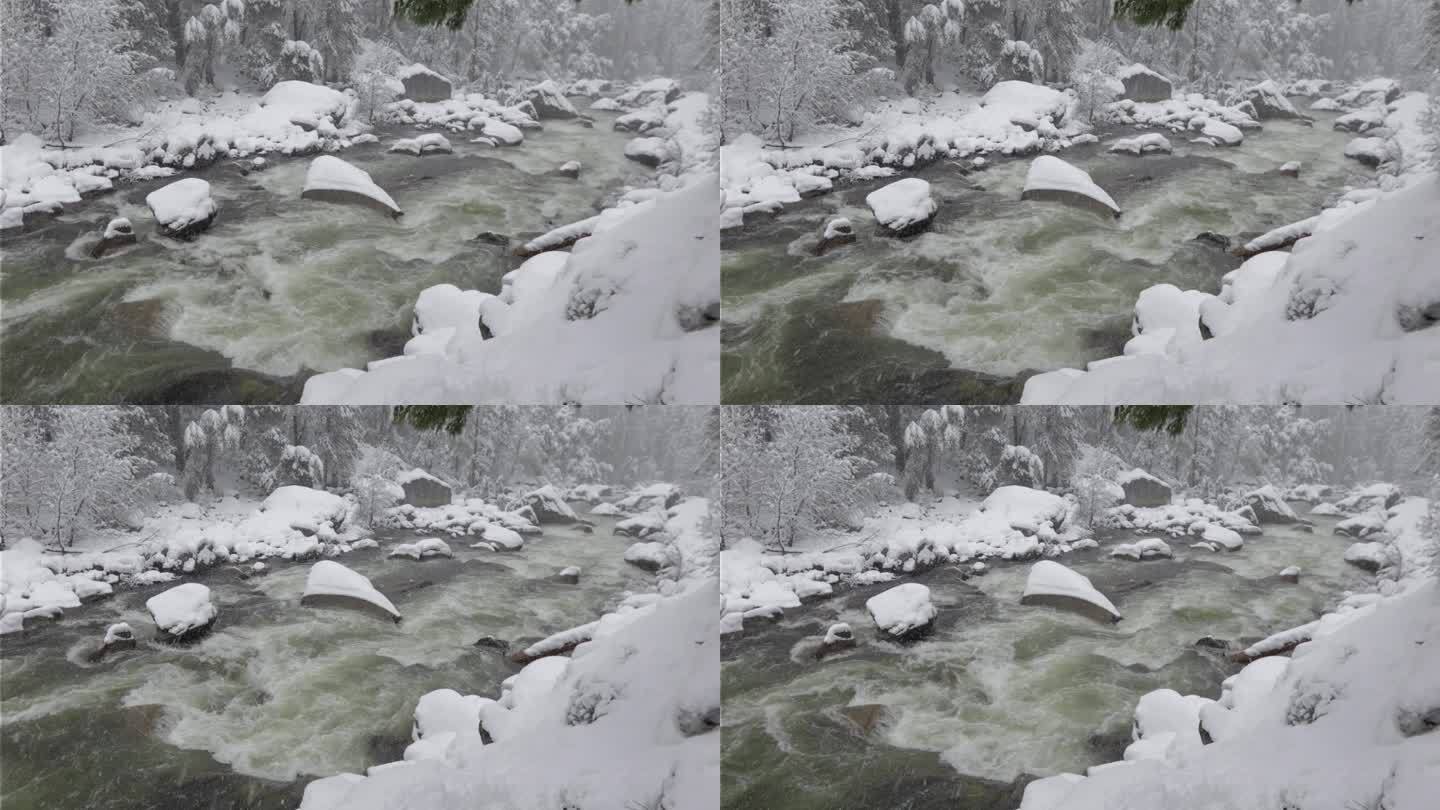 画面-约塞米蒂国家公园里的河流与白雪覆盖的土地