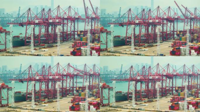 4K延时:航拍香港货柜船在码头商业港口的活动，以作商业物流、进出口航运或货运。