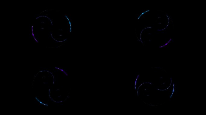 阴阳符号与梯度，孤立在黑色背景和平滑若隐若现的许多霓虹灯点发光的蓝色。4k循环视频动画60 fps。