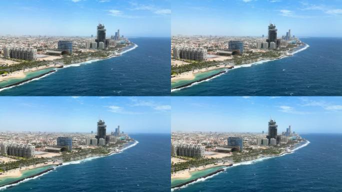 吉达，沙特阿拉伯:鸟瞰海滨城市和著名的度假小镇，红海湛蓝的海水——俯瞰阿拉伯半岛全景