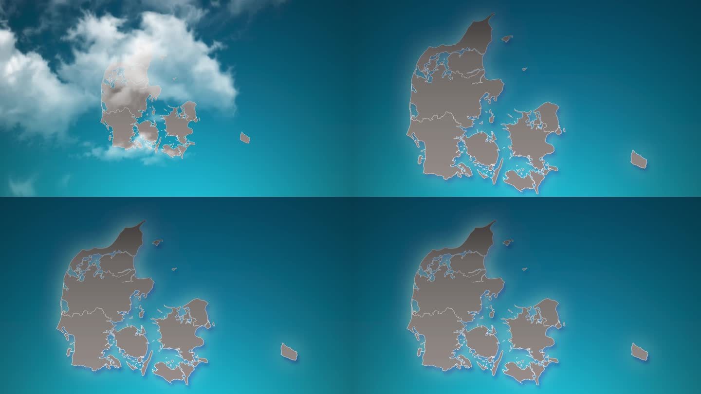 丹麦国家地图与放大在现实的云飞过。丹麦地图上的相机放大天空效果。背景适合公司介绍，旅游，演讲。