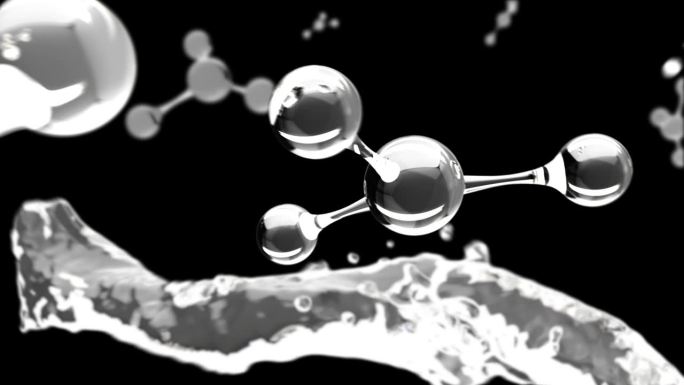 分子。奶油分子的科学插图。透明质酸护肤液广告，胶原蛋白精华液滴与化妆品广告背景。3 d渲染。