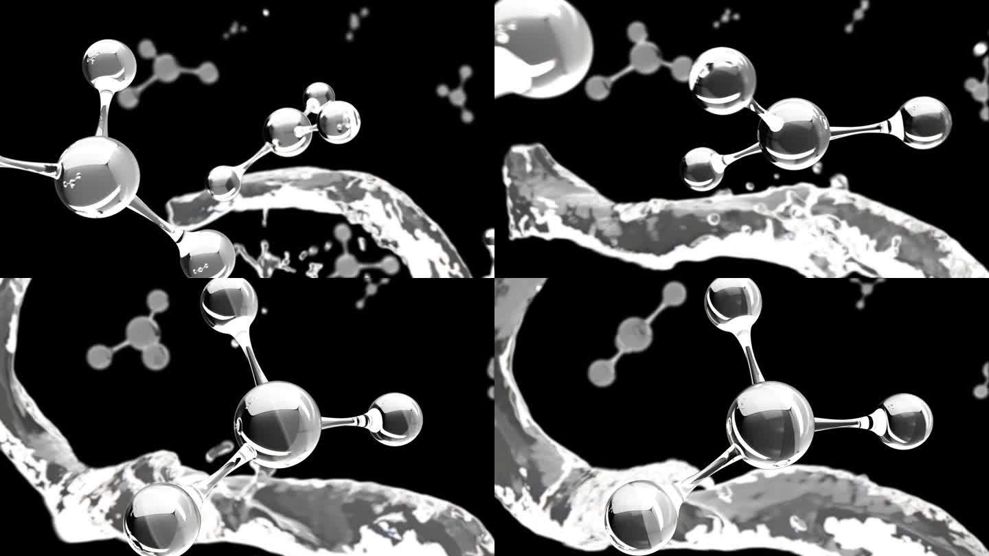分子。奶油分子的科学插图。透明质酸护肤液广告，胶原蛋白精华液滴与化妆品广告背景。3 d渲染。