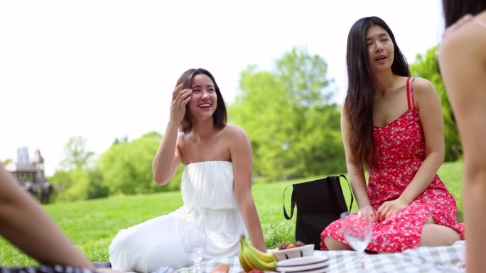 欢乐和友谊的一天:亚洲妇女享受中央公园的美景