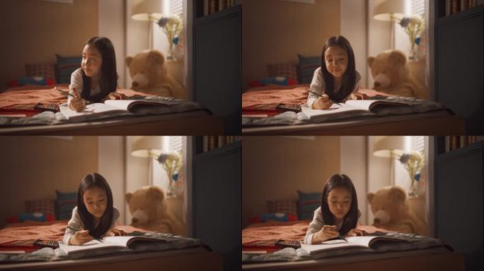 一个快乐的韩国小女孩的肖像，她躺在儿童卧室的床上，和毛绒玩具一起，专注地用彩色铅笔设计她的着色书。可