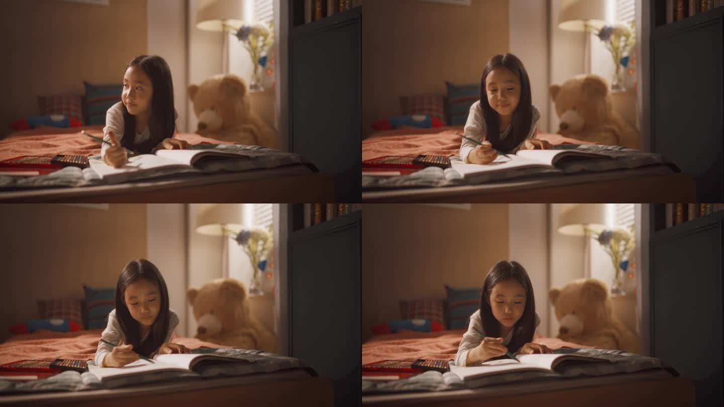一个快乐的韩国小女孩的肖像，她躺在儿童卧室的床上，和毛绒玩具一起，专注地用彩色铅笔设计她的着色书。可