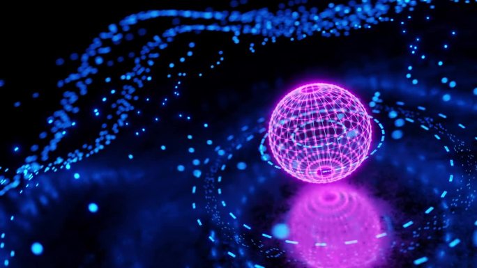 未来的背景。霓虹灯的背景。霓虹粉色气球。科技霓虹背景。相机围绕一个带有网格的球体旋转。