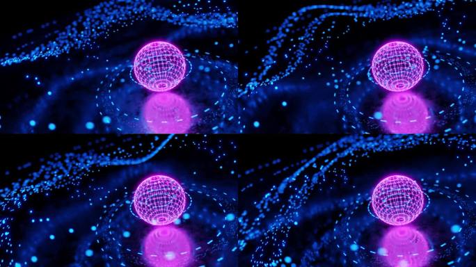 未来的背景。霓虹灯的背景。霓虹粉色气球。科技霓虹背景。相机围绕一个带有网格的球体旋转。