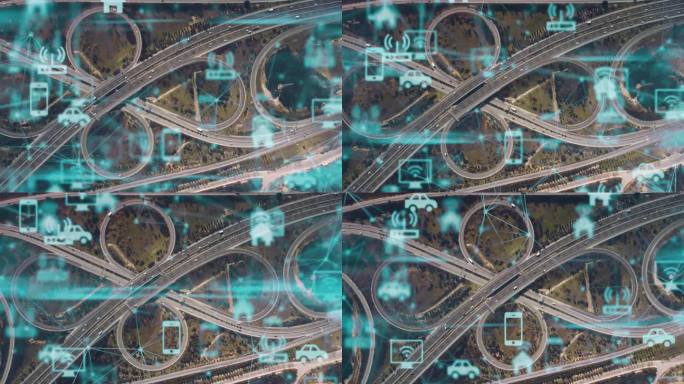 现代公路鸟瞰图和各种图表。交通和技术的概念。智能交通系统。移动性即服务。