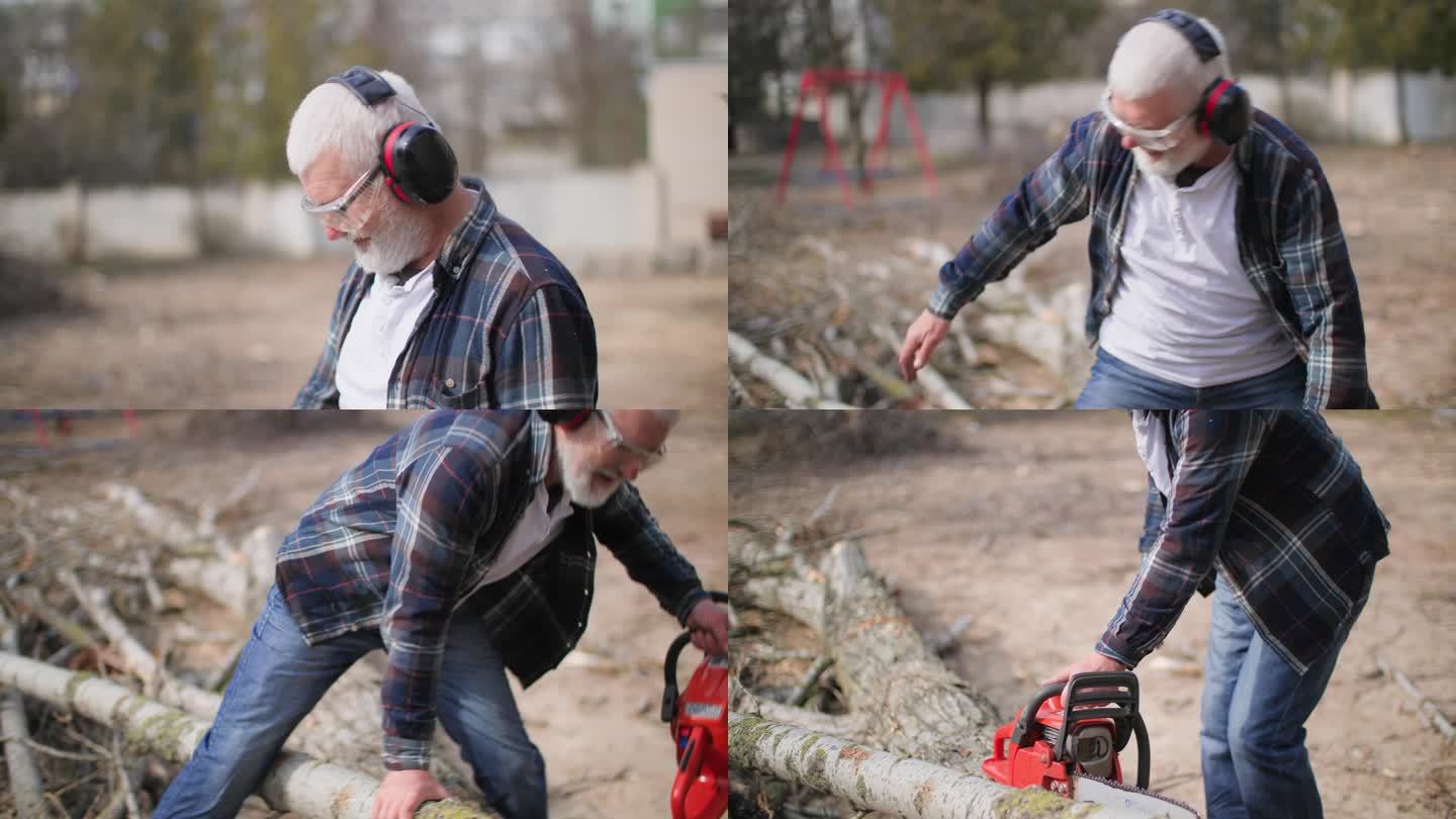 一个可爱的老人，留着灰白的胡子和戴着耳机的头发，拿着一把电锯，在街上把一棵树锯成树桩