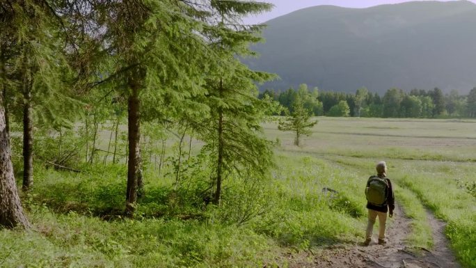 鸟瞰成熟男子走过高山空地