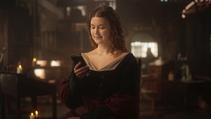 过去遇见现在的概念:文艺复兴时期的美丽年轻女子在古董艺术工作室使用智能手机。现代科技让历史人物保持联