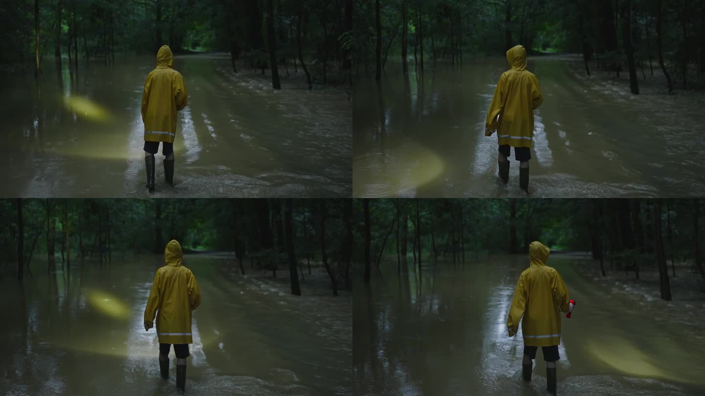 穿着黄色雨衣带着手电筒的男孩在森林里的洪水平原上行走