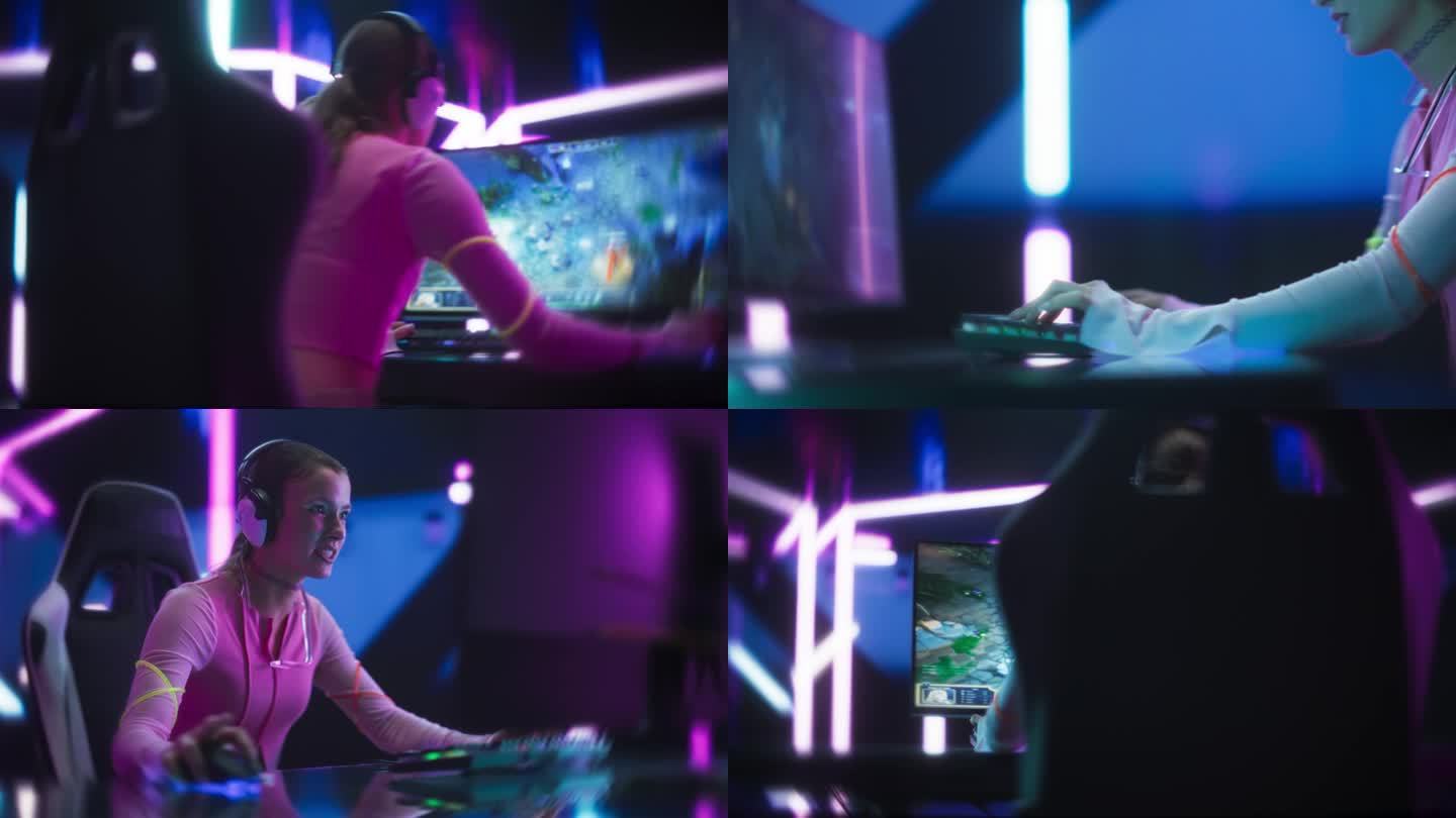 一个快乐的女孩在电脑上玩网络游戏的肖像。时尚的玩家在未来的霓虹灯工作室玩游戏。360度移动镜头与放大