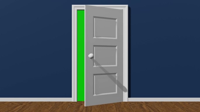 蓝房门打开向内，门后绿屏，蓝房门打开带绿屏入口，4K门打开绿屏动画，3D渲染