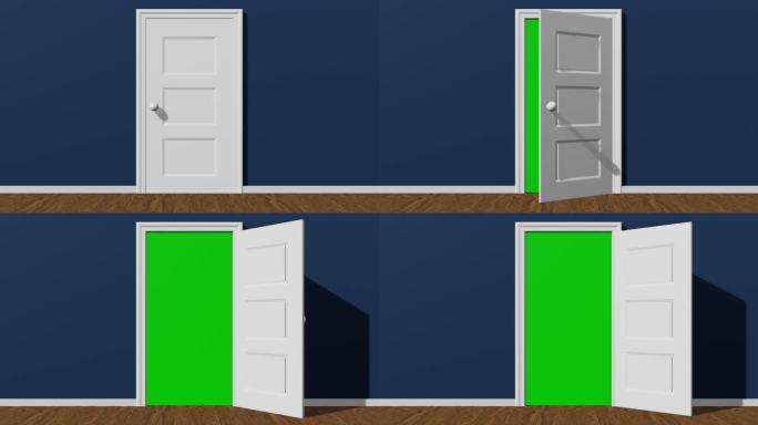 蓝房门打开向内，门后绿屏，蓝房门打开带绿屏入口，4K门打开绿屏动画，3D渲染