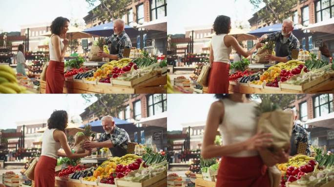 快乐的街头小贩经营一个小农场市场业务，销售可持续水果和蔬菜。快乐的中年男子用回收纸购物袋装满当地的天