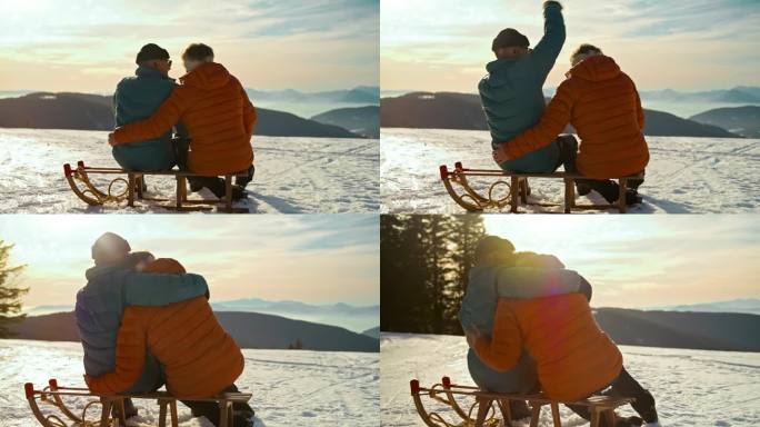 一对老年夫妇坐在雪橇上分享深情的时刻