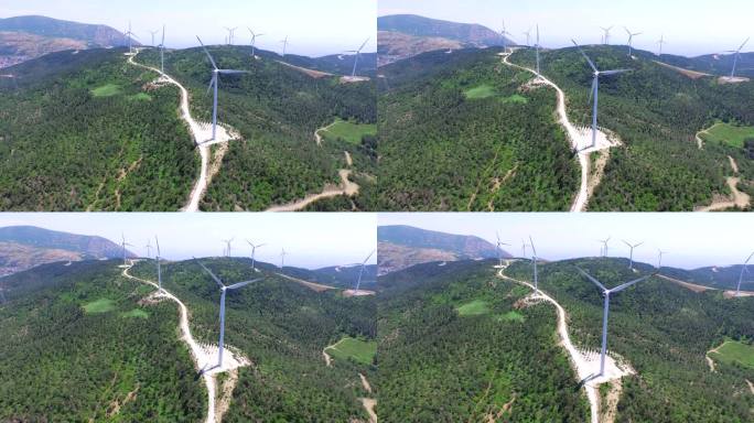 风力发电厂的螺旋桨利用森林中的风发电