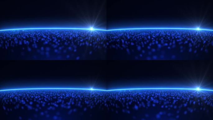粒子场，蓝色空间表面发光的圆点，明亮的光线在地平线上，抽象的背景。无缝循环4k视频