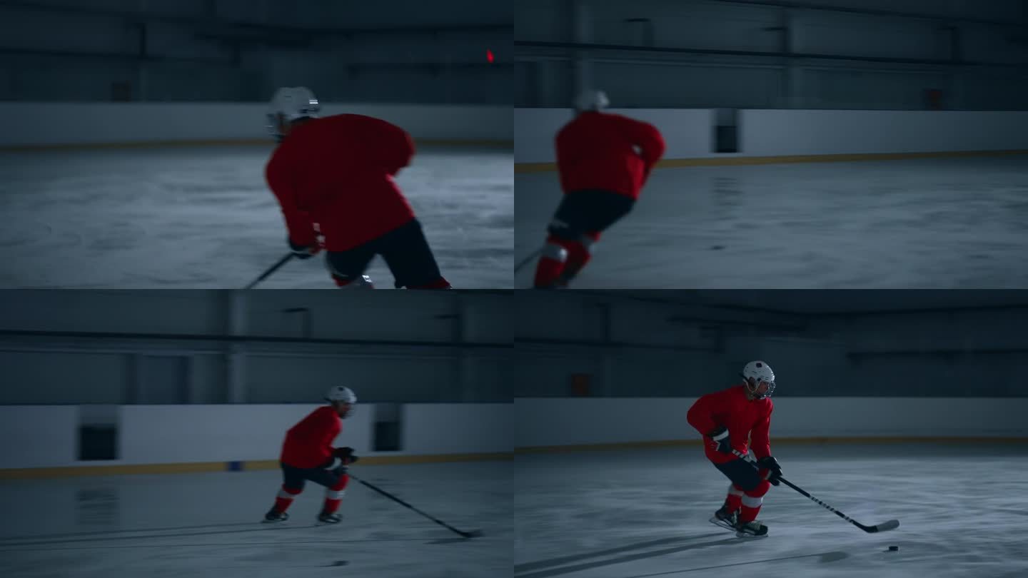 一名身穿红色球衣的冰球运动员熟练地在冰面上移动，避开障碍物并精确得分的动态镜头