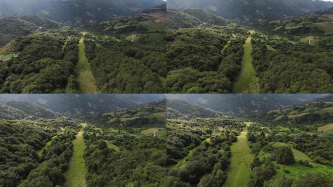 从FPV无人机视图来看，高山森林和道路
